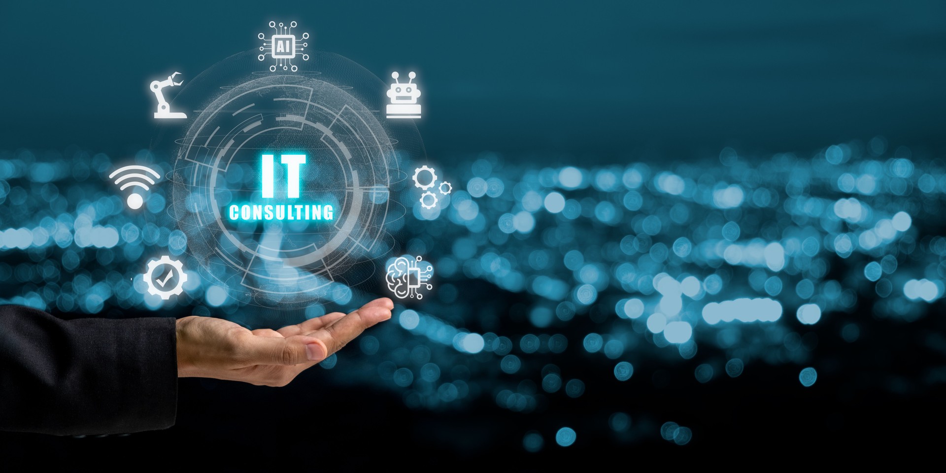 Consulting business concept, Business person hand holding with VR screen IT Consulting icon, robotic process automation, marketing dashboard.